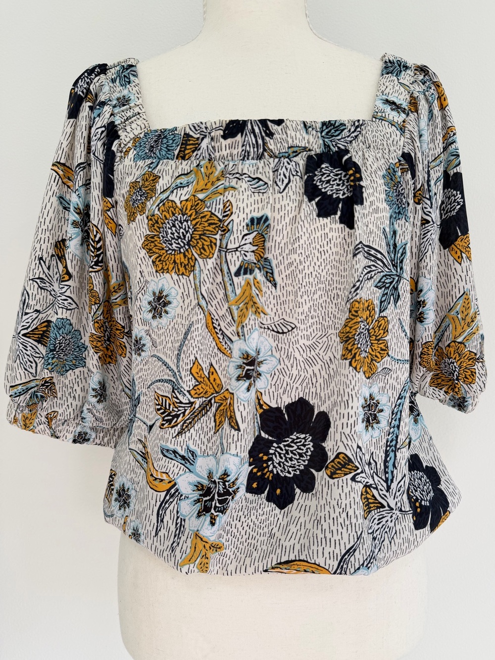 Evereve Floral Puff Sleeve Blouse Square Neck Cottagecore Top Size Small